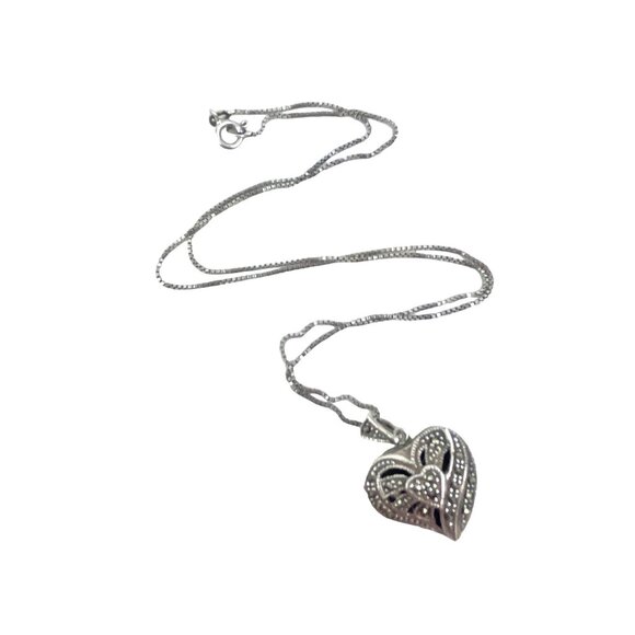 Vintage Silver  Heart Marcasite Locket Necklace With Intricate Design - Picture 1 of 9